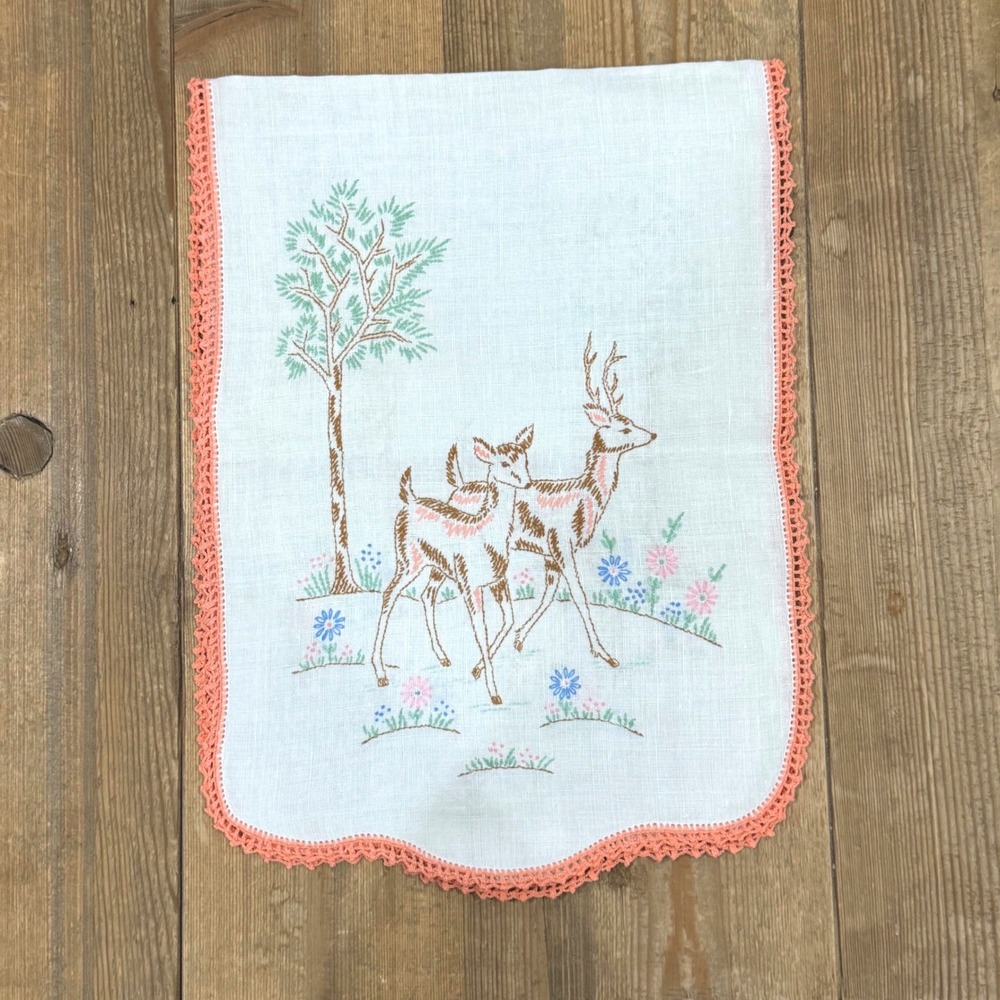 Vintage Hand Embroidered Deer Linen Table Runner Woodland Peach Crochet Trim
